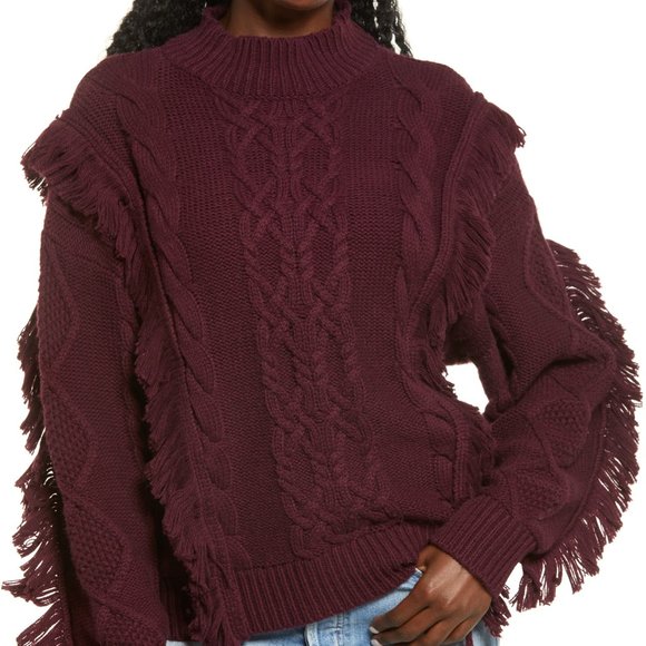 Leith Sweaters - Leith | Women's Cable Knit Fringe Burgundy Maroon Red Sweater 1X